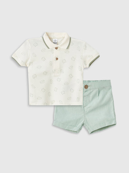 Polo Neck Short Sleeve Printed Baby Boy T-Shirt and Shorts 2-Piece Set