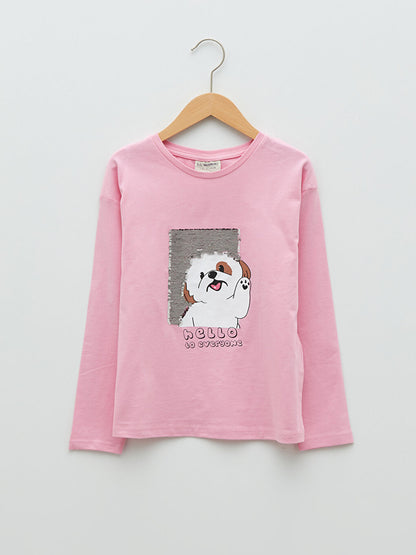 Crew Neck Printed Reversible Sequined Long Sleeve Girl's T-Shirt