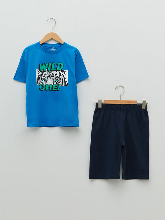 Crew Neck Printed Short Sleeve Boy's Pajama Set with Shorts