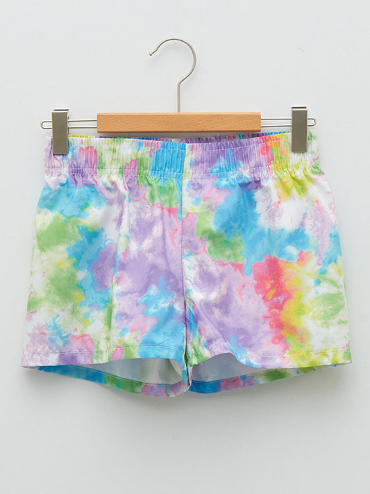 Batik Patterned Girls' Swim Shorts with Elastic Waist