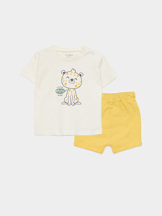 Crew Neck Short Sleeve Printed Cotton Baby Boy T-Shirt and Shorts 2-Piece Set