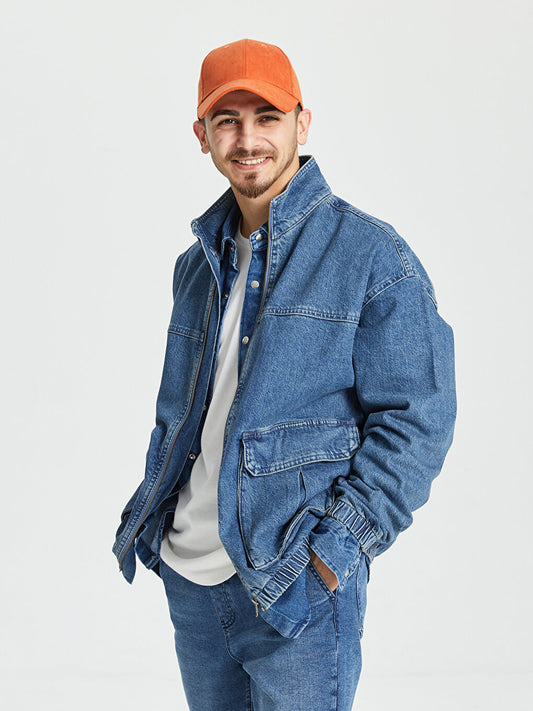 Comfortable Fit Stand Collar Long Sleeve Men's Jean Jacket