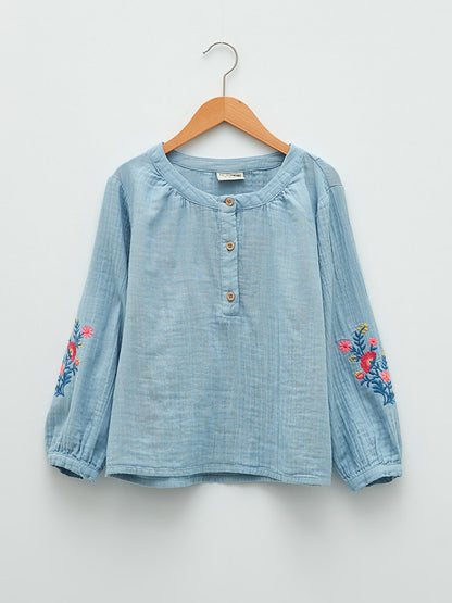 Crew Neck Embroidered Long Sleeve Girl's Blouse