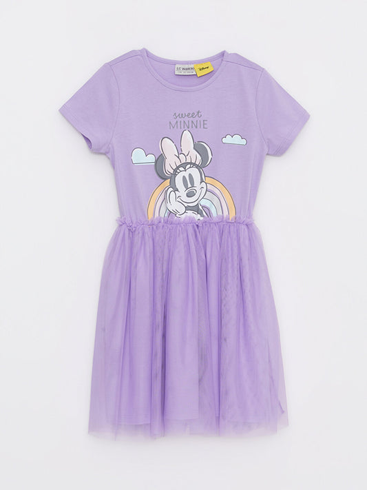 Crew Neck Minnie Mouse Printed Short Sleeve Girl's Dress