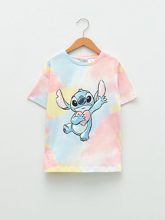 Crew Neck Lilo &amp; Stitch Printed Short Sleeve Cotton Girls' T-Shirt