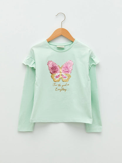 Crew Neck Printed Reversible Sequined Long Sleeve Cotton Girls' T-Shirt