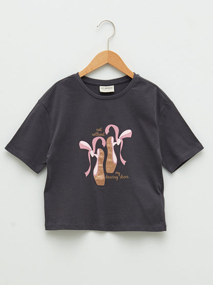 Crew Neck Printed Short Sleeve Cotton Girls' T-Shirt