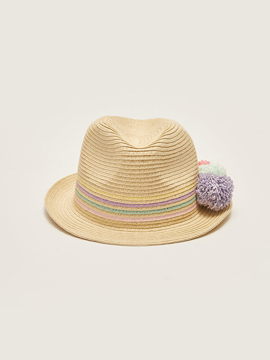 Girl's Straw Fedora Hat with Pompom Detail