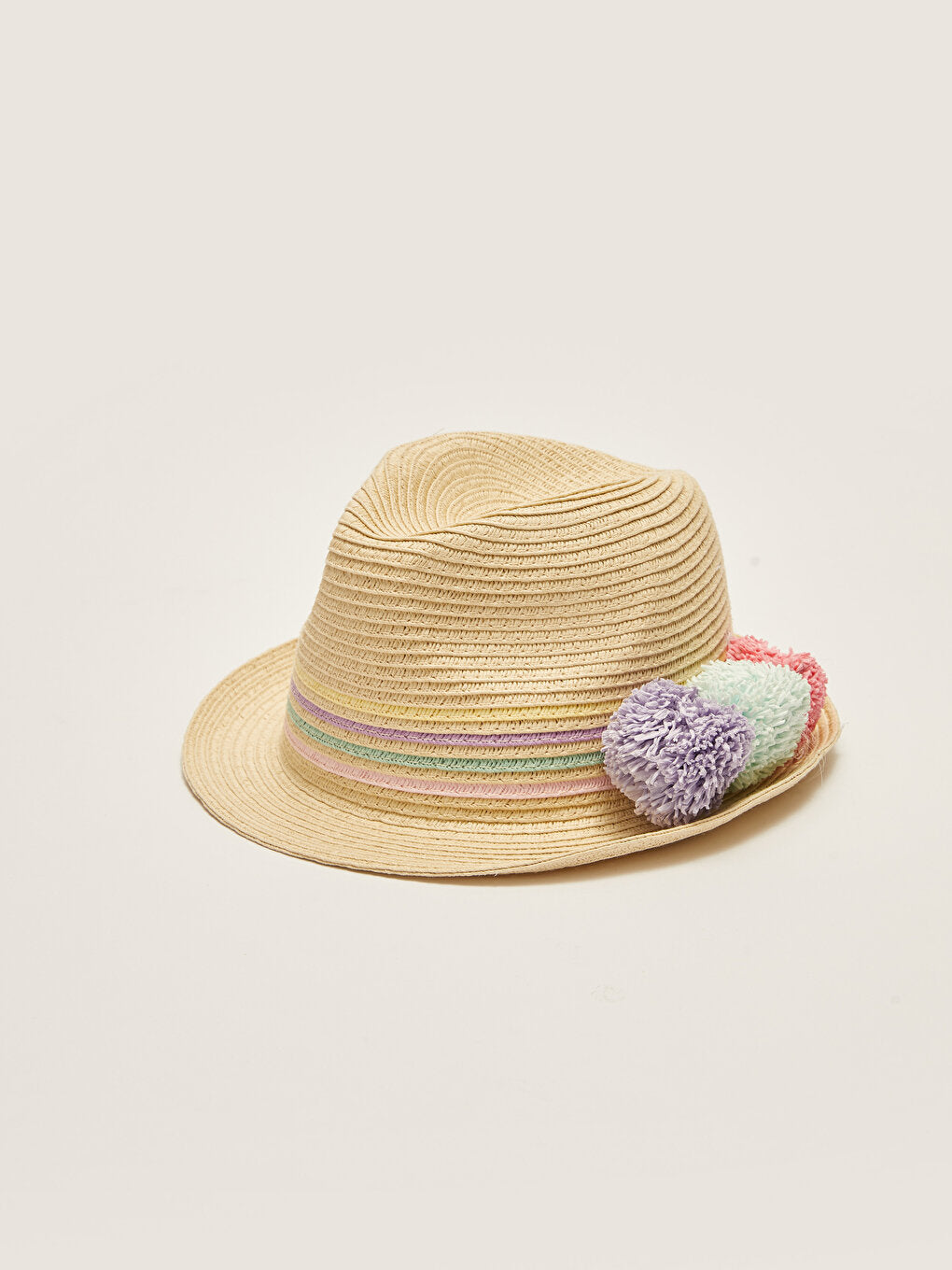 Girl's Straw Fedora Hat with Pompom Detail