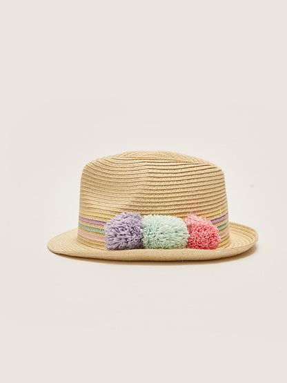 Girl's Straw Fedora Hat with Pompom Detail