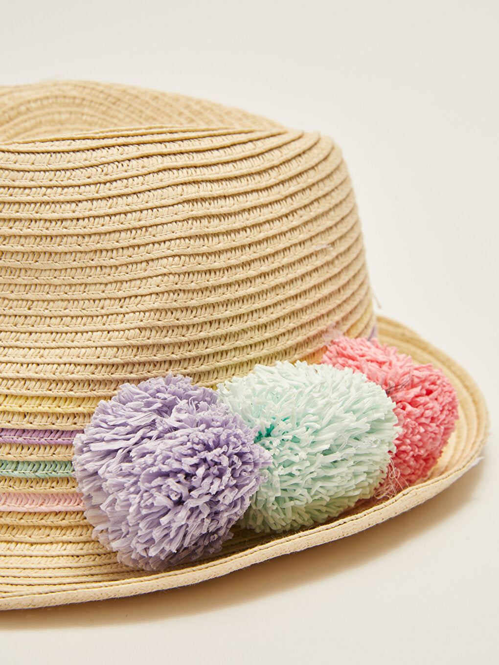 Girl's Straw Fedora Hat with Pompom Detail