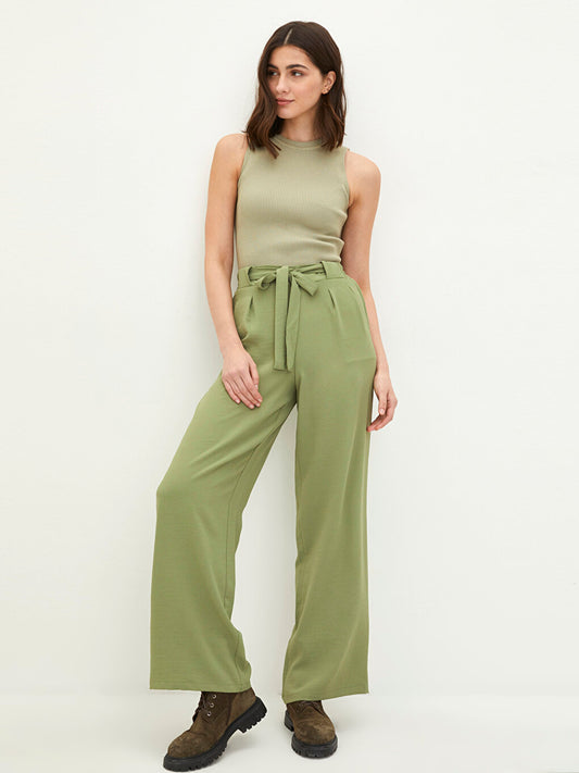 Gabardine Fabric Women's Trousers with Elastic Waist Binding Detail