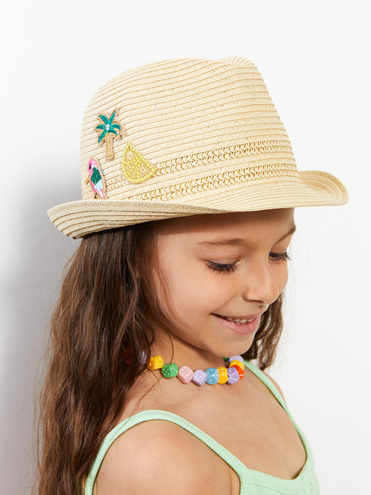 Girl's Fedora Hat with Straw Patch Detail