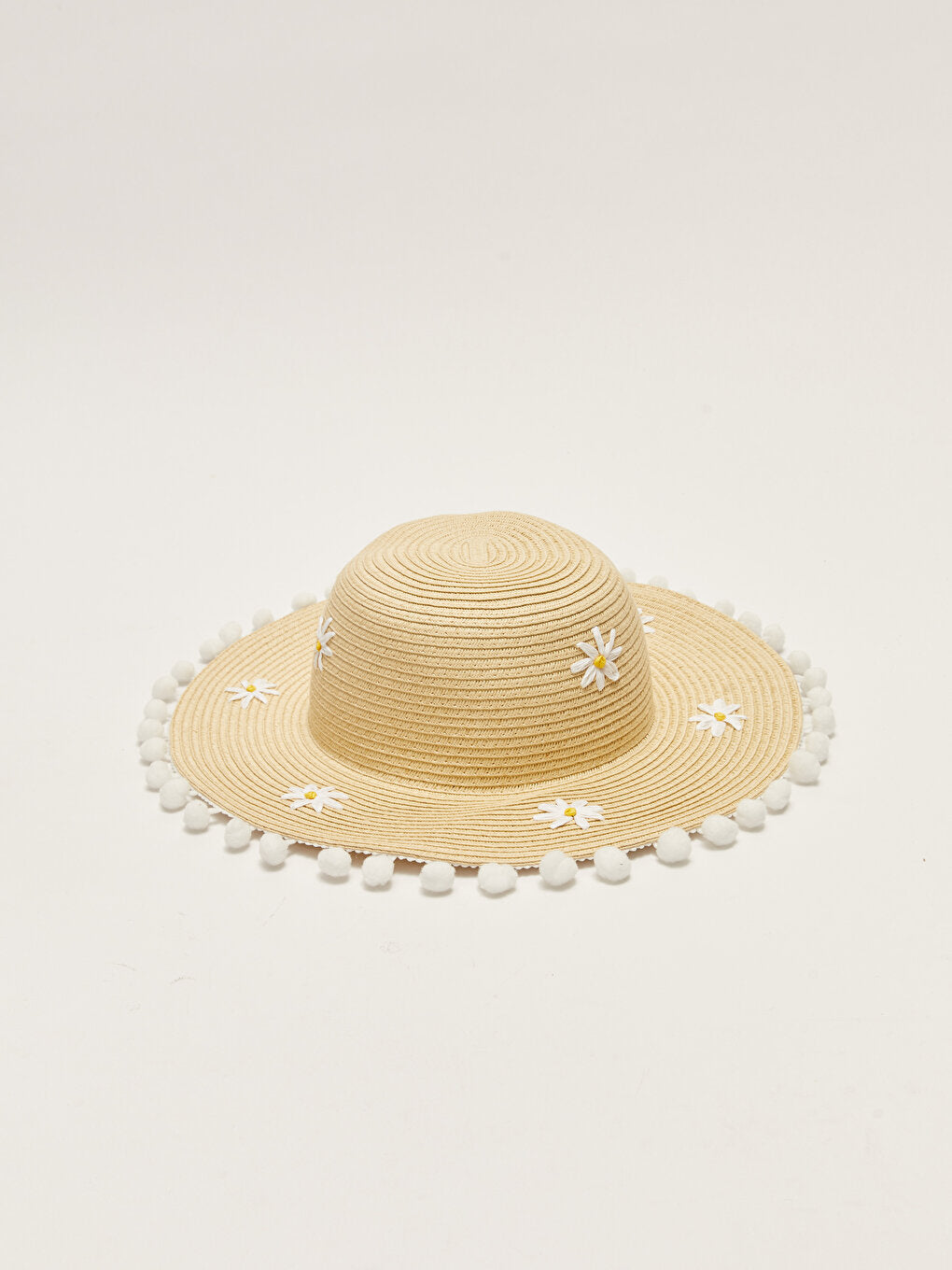 Girl's Straw Beach Hat with Flower Embroidery and Pompom Detail