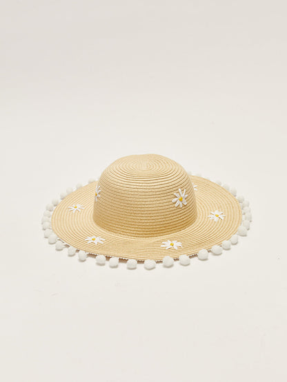 Girl's Straw Beach Hat with Flower Embroidery and Pompom Detail