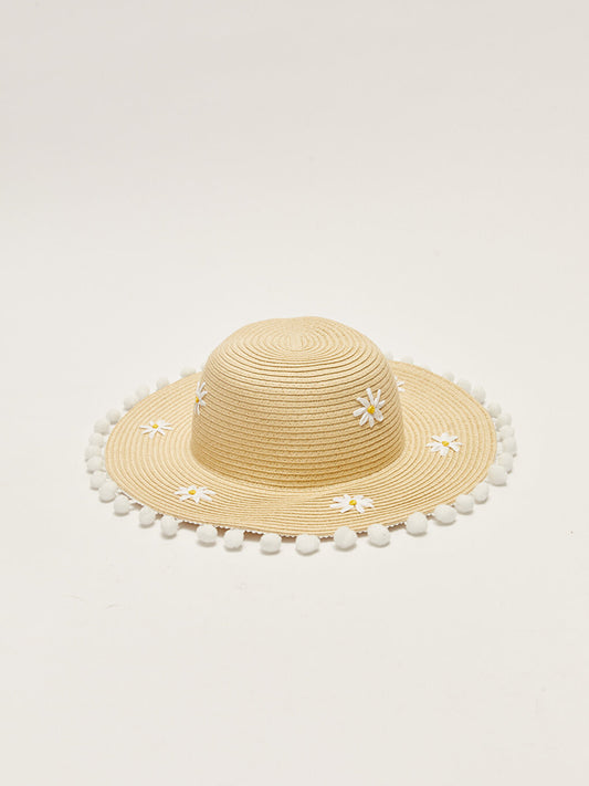 Girl's Straw Beach Hat with Flower Embroidery and Pompom Detail