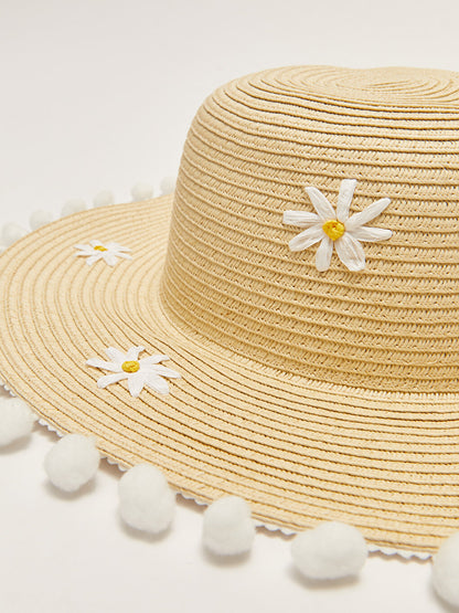 Girl's Straw Beach Hat with Flower Embroidery and Pompom Detail