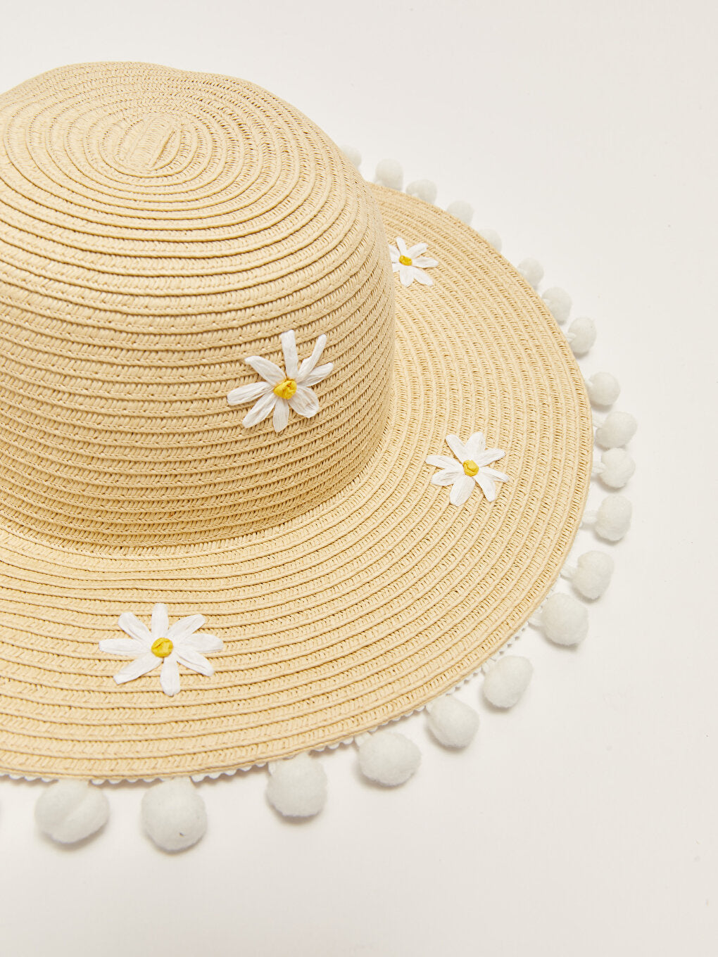 Girl's Straw Beach Hat with Flower Embroidery and Pompom Detail