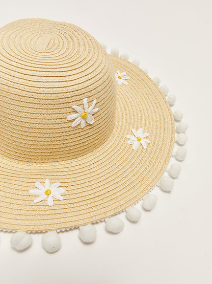 Girl's Straw Beach Hat with Flower Embroidery and Pompom Detail