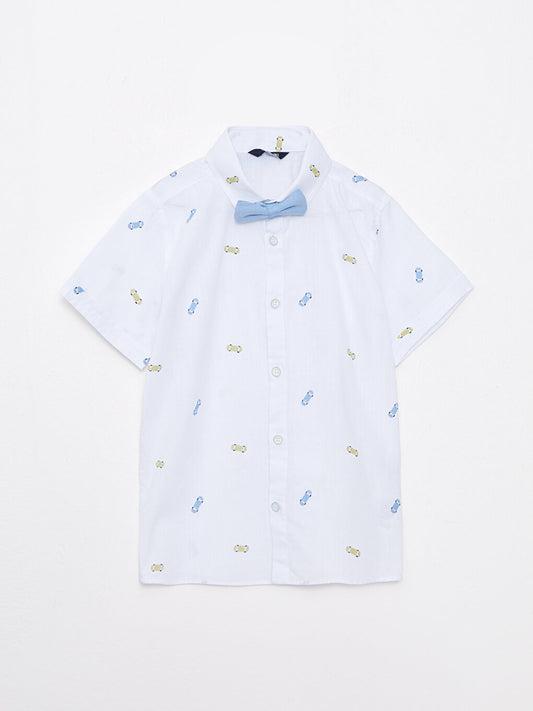 Patterned Short Sleeve Poplin Boy's Shirt and Bow Tie