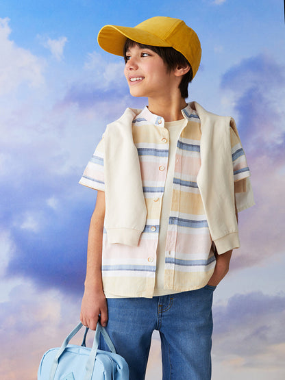 Magnificent Collar Striped Short Sleeve Poplin Boy's Shirt