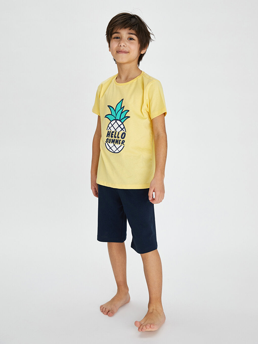 Crew Neck Printed Short Sleeve Cotton Boy's Pajama Set with Shorts