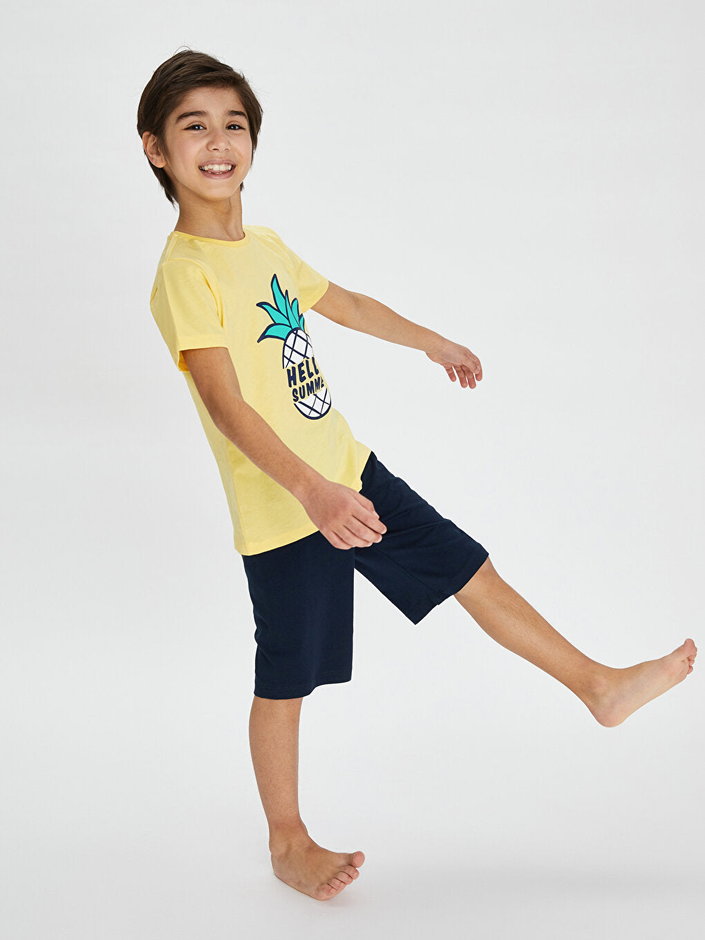 Crew Neck Printed Short Sleeve Cotton Boy's Pajama Set with Shorts