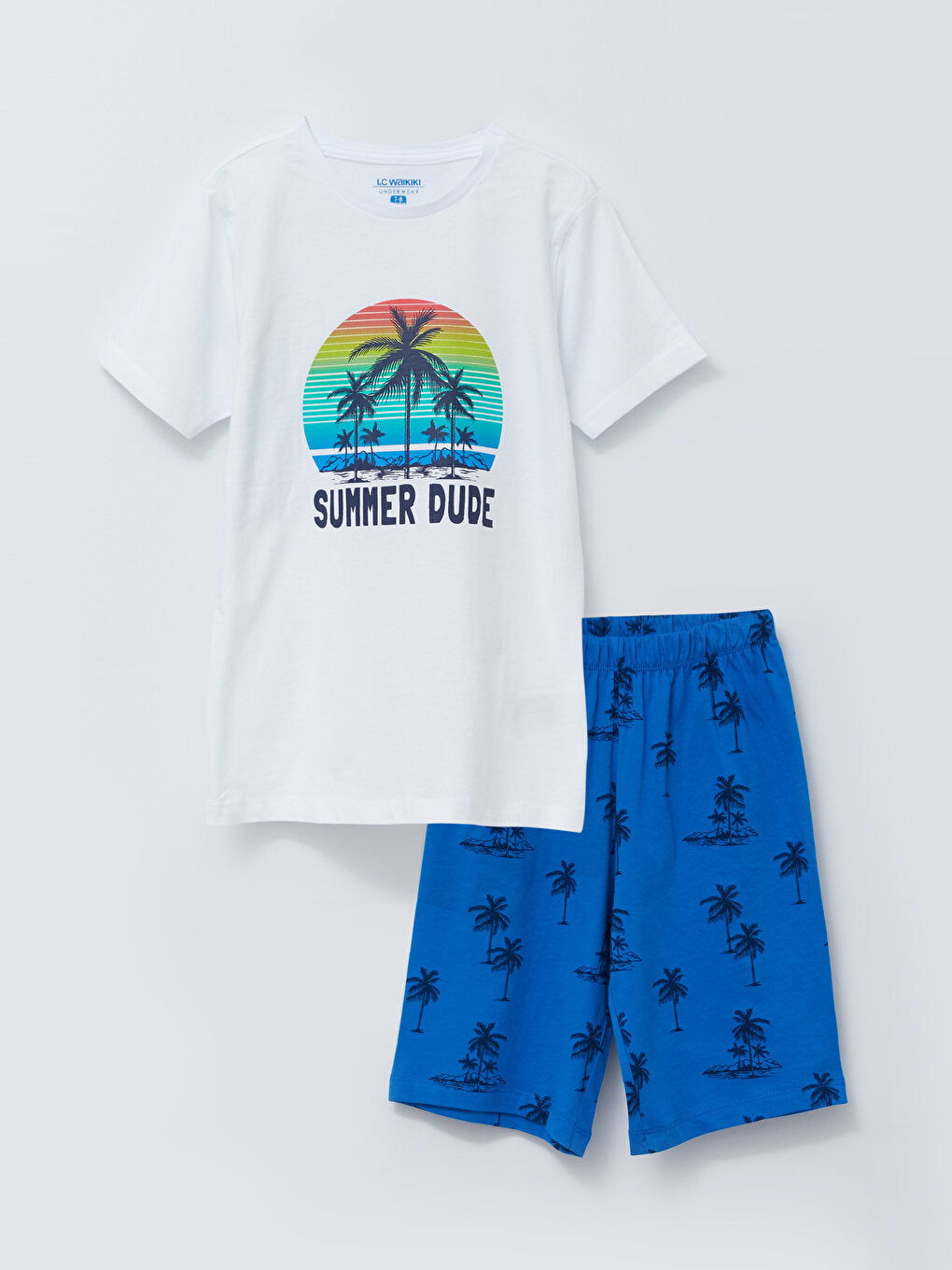 Crew Neck Printed Short Sleeve Boy's Pajama Set with Shorts