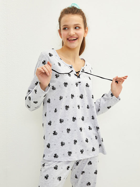 Tie Collar Minnie Mouse Printed Long Sleeve Women's Pajama Set