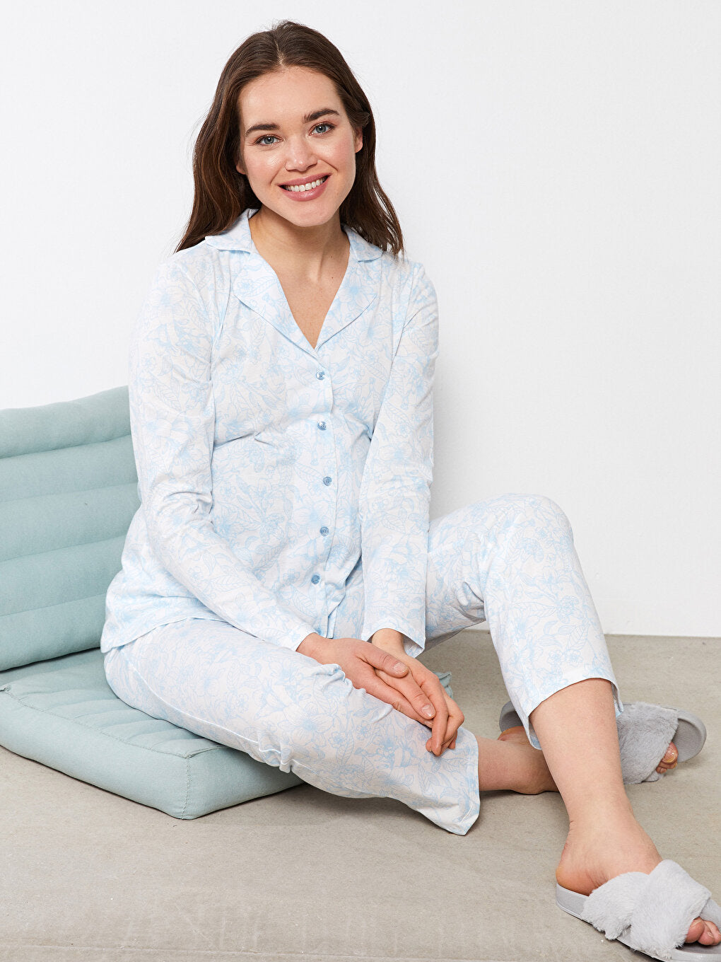 Shirt Collar Floral Long Sleeve Cotton Maternity Pajama Set