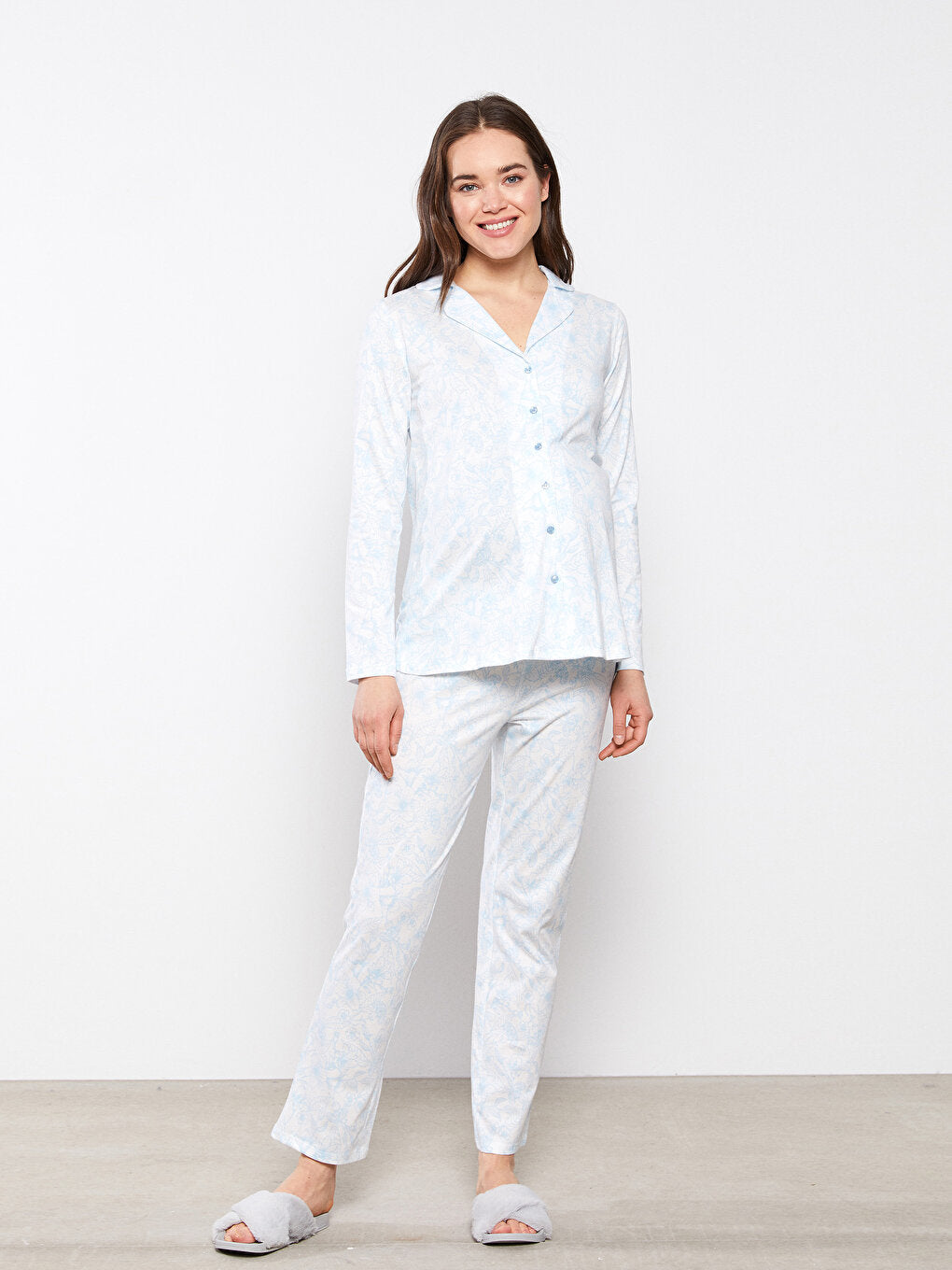 Shirt Collar Floral Long Sleeve Cotton Maternity Pajama Set