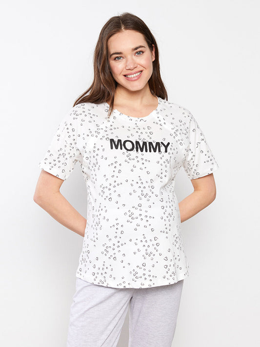 Crew Neck Printed Short Sleeve Cotton Maternity Pajama Set