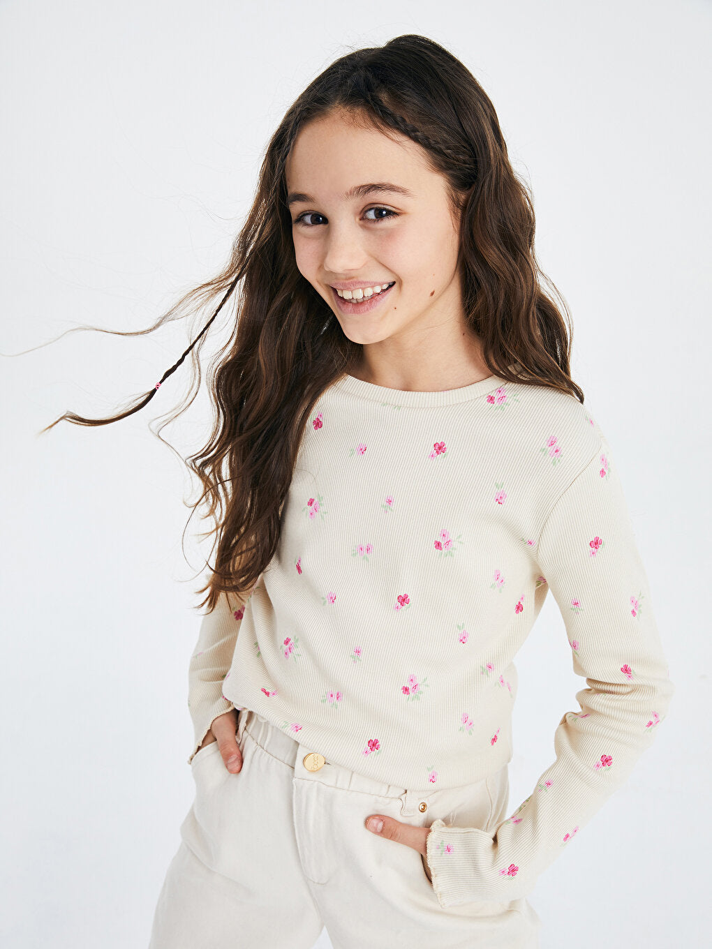 Crew Neck Printed Long Sleeve Cotton Girls' T-Shirt