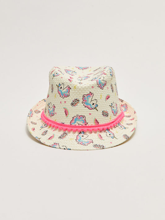 Printed Girl's Straw Trilby Hat