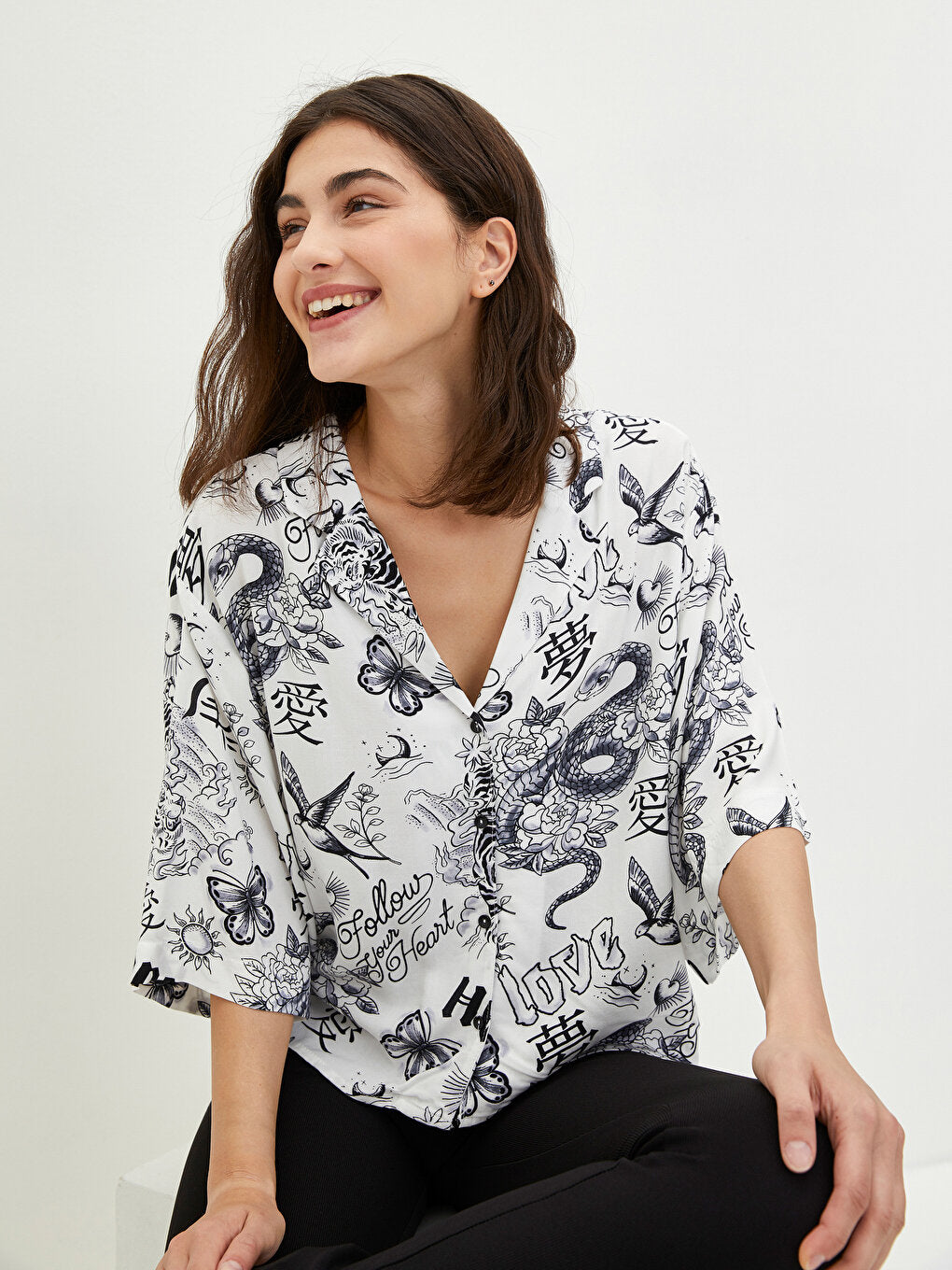 Front Button Closure Printed Short Sleeve Viscose Women's Shirt