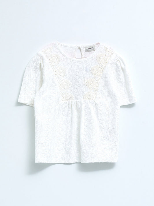 Crew Neck Lace Detailed Short Sleeve Girl's Blouse