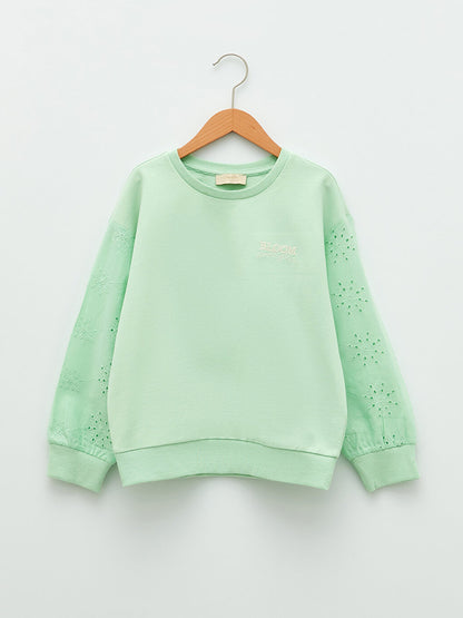 Crew Neck Embroidery Detailed Long Sleeve Girl's Sweatshirt