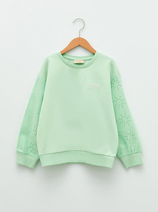 Crew Neck Embroidery Detailed Long Sleeve Girl's Sweatshirt