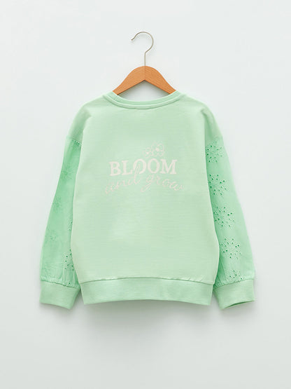 Crew Neck Embroidery Detailed Long Sleeve Girl's Sweatshirt