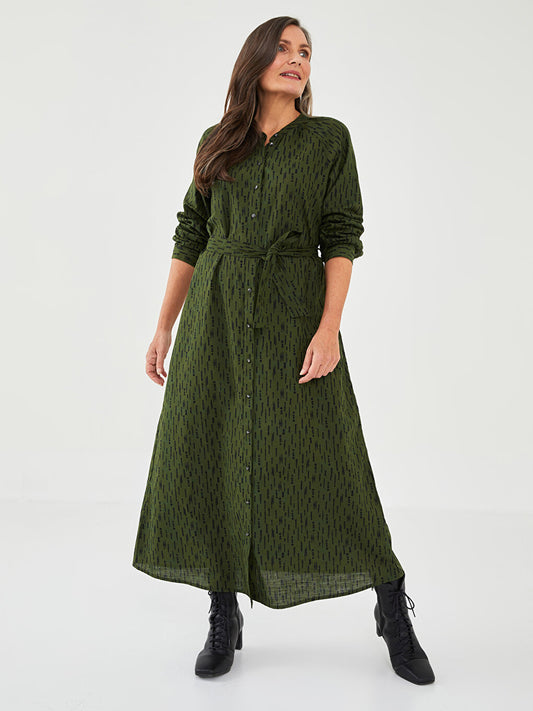 Crew Neck Patterned Long Sleeve A-Line Poplin Women's Dress