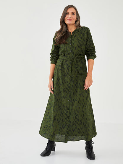 Crew Neck Patterned Long Sleeve A-Line Poplin Women's Dress