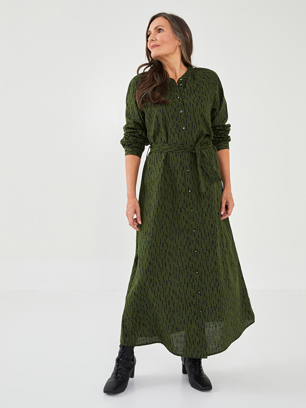 Crew Neck Patterned Long Sleeve A-Line Poplin Women's Dress