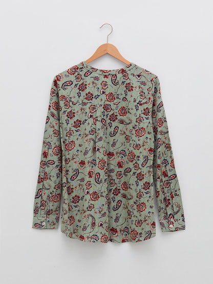 Loose Collar Patterned Long Sleeve Viscose Women's Blouse