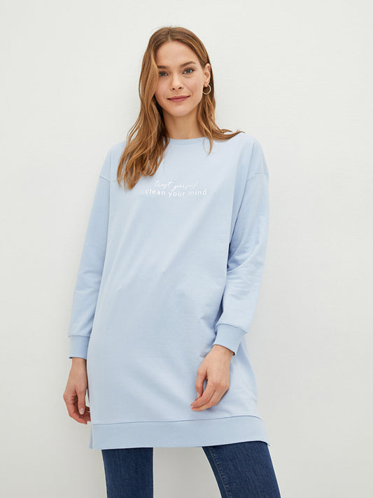 Crew Neck Text Printed Long Sleeve Women's Sweatshirt Tunic