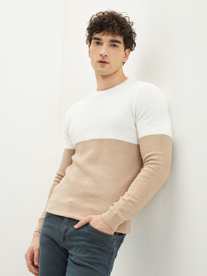 Crew Neck Long Sleeve Color Block Men's Knitwear Sweater