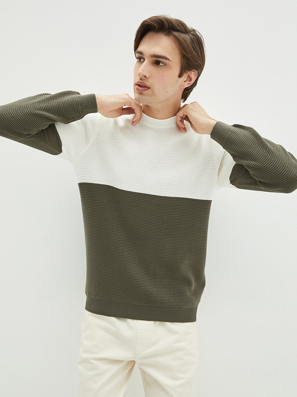 Crew Neck Long Sleeve Color Block Men's Knitwear Sweater