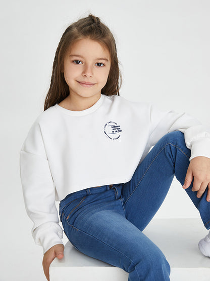 Crew Neck Printed Long Sleeve Girl's Crop Sweatshirt