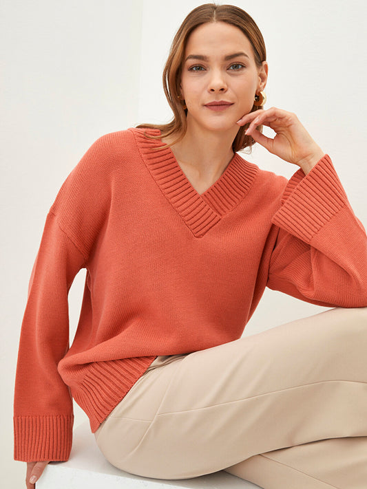 V-Neck Plain Long Sleeve Women's Knitwear Sweater