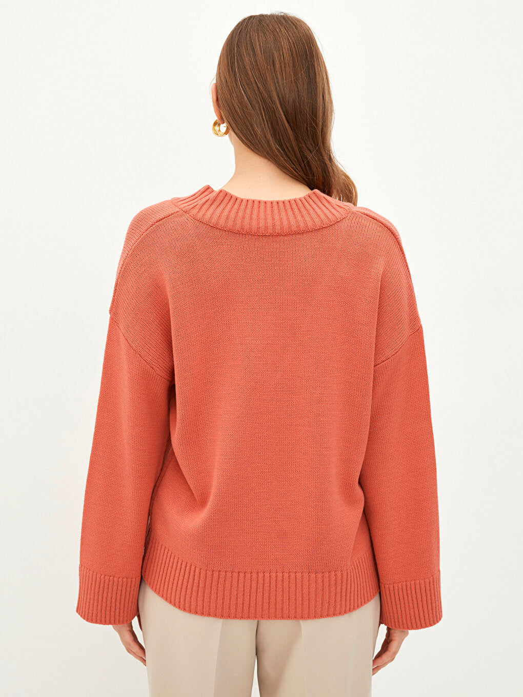 V-Neck Plain Long Sleeve Women's Knitwear Sweater