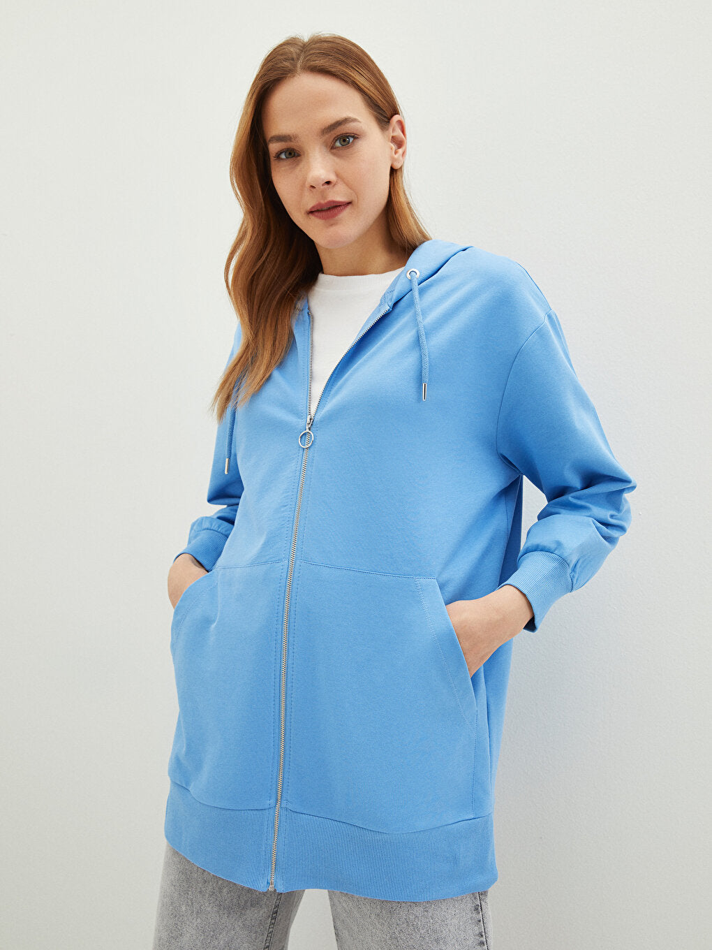 Hooded Plain Long Sleeve Oversize Women's Sport Cardigan